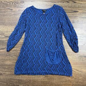 Ali Miles Tunic Top Womens Small Blue Textured Herringbone Scoop Neck 3/4 Sleeve